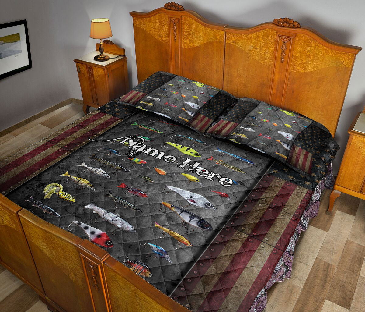 fish lure bedding Personalized Fishing Quilt Set, Fishing Lure Us Flag Quilt Blanket With Pillowcases, Custom Name Quilt Bedding Set