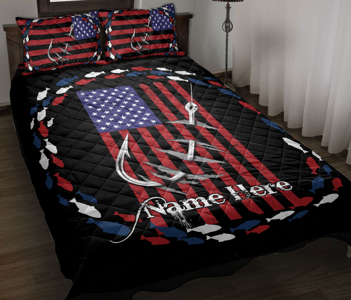 Ohaprints-Quilt-Bed-Set-Pillowcase-Fishing-Hook-American-Flag-Pattern-Fisherman-Gift-Custom-Personalized-Name-Blanket-Bedspread-Bedding-1291-Throw (55'' x 60'')