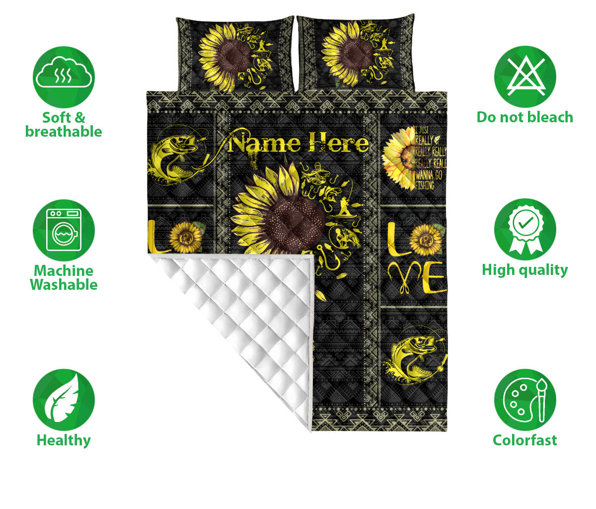 Ohaprints-Quilt-Bed-Set-Pillowcase-Fishing-Fisherman-Sunflower-Floral-Pattern-Custom-Personalized-Name-Blanket-Bedspread-Bedding-1242-Double (70'' x 80'')