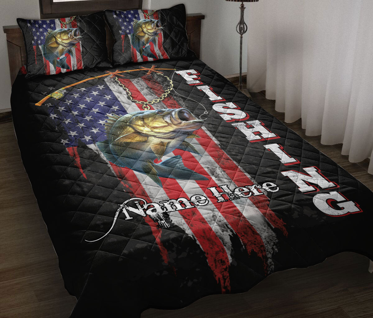 Ohaprints-Quilt-Bed-Set-Pillowcase-Fishing-Fisherman-Big-Bass-Fish-American-Flag-Pattern-Custom-Personalized-Name-Blanket-Bedspread-Bedding-3299-Throw (55'' x 60'')