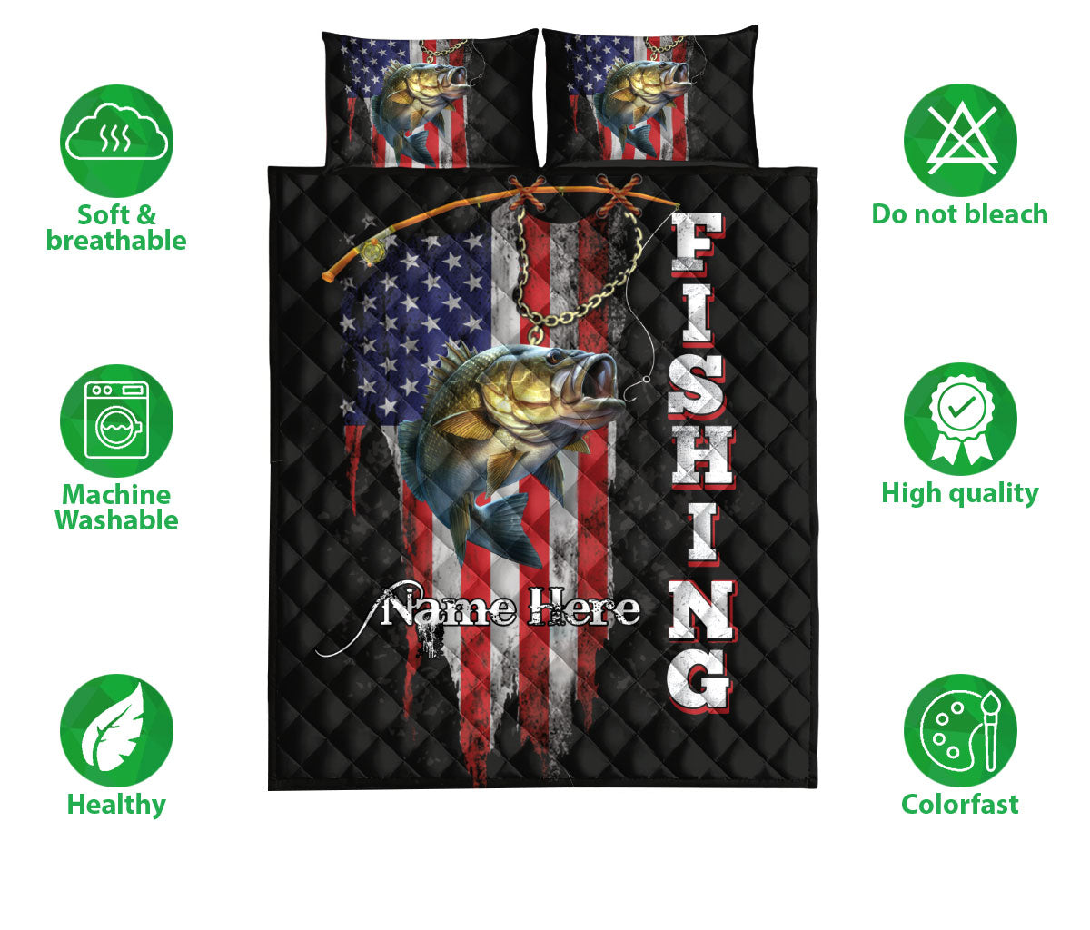 Ohaprints-Quilt-Bed-Set-Pillowcase-Fishing-Fisherman-Big-Bass-Fish-American-Flag-Pattern-Custom-Personalized-Name-Blanket-Bedspread-Bedding-3299-Double (70'' x 80'')