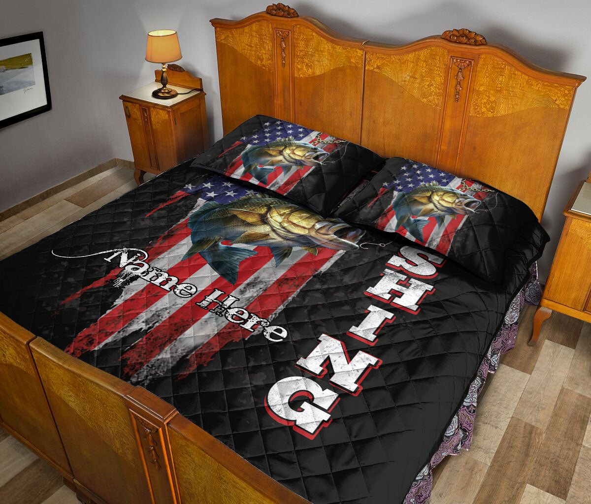 Ohaprints-Quilt-Bed-Set-Pillowcase-Fishing-Fisherman-Big-Bass-Fish-American-Flag-Pattern-Custom-Personalized-Name-Blanket-Bedspread-Bedding-3299-King (90'' x 100'')