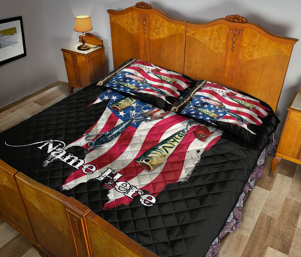 fish lure bedding Personalized Fishing Quilt Set, Fishing Lure Us Flag Quilt Blanket With Pillowcases, Custom Name Quilt Bedding Set