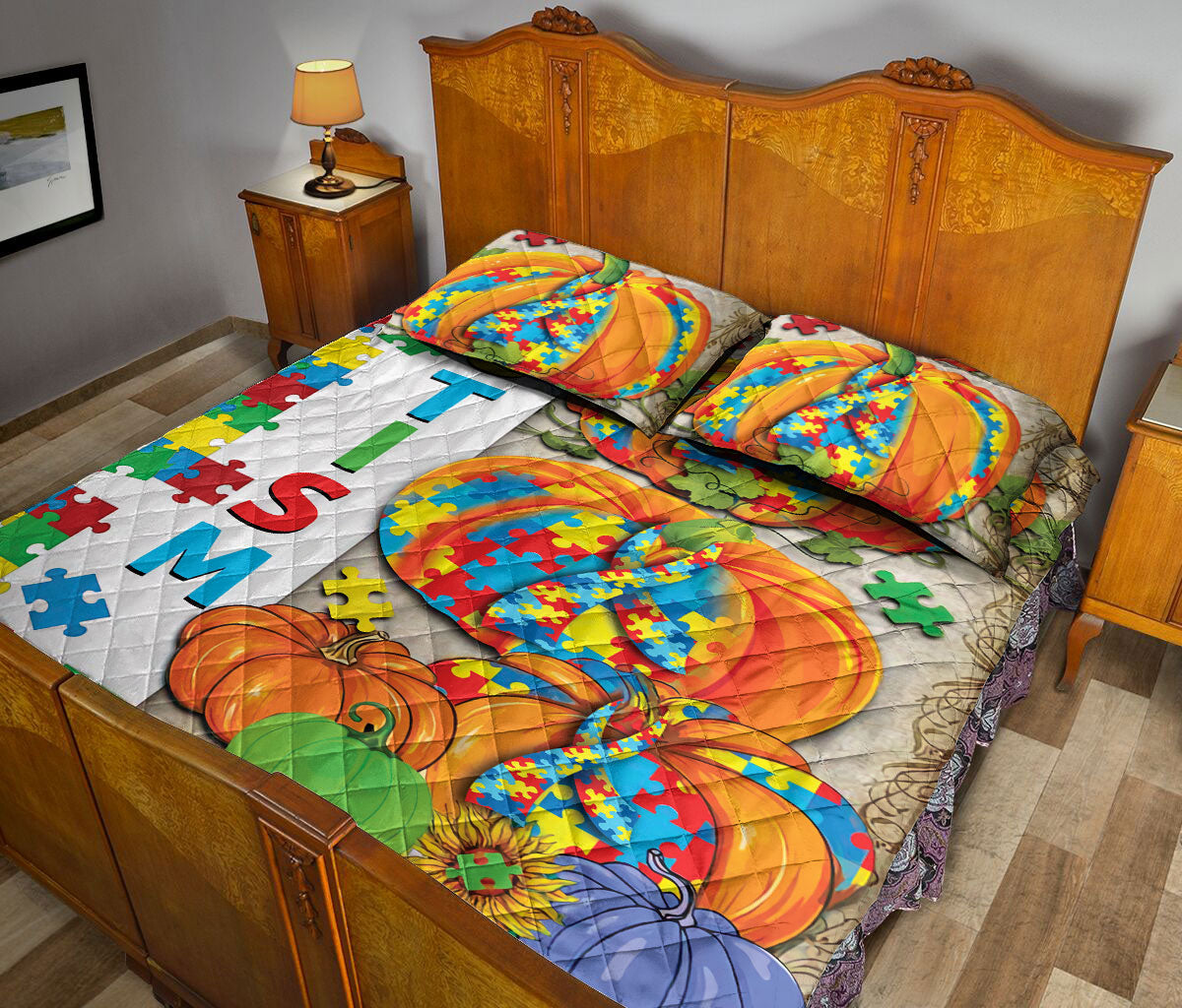 Ohaprints-Quilt-Bed-Set-Pillowcase-Autism-Awareness-Pumpkin-Ribbon-Pattern-Support-Gift-Blanket-Bedspread-Bedding-2462-Queen (80'' x 90'')