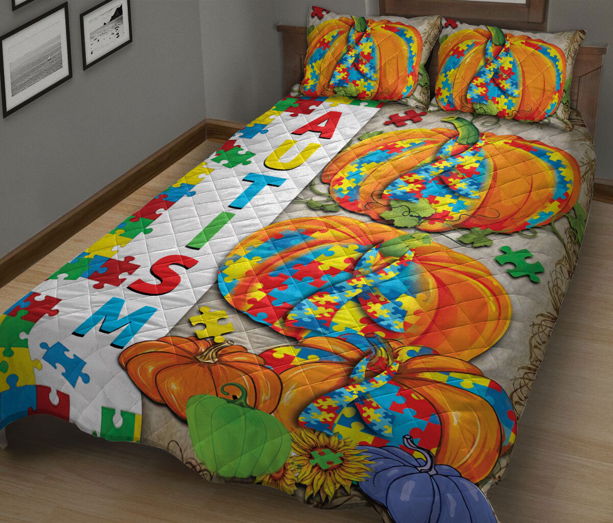 Ohaprints-Quilt-Bed-Set-Pillowcase-Autism-Awareness-Pumpkin-Ribbon-Pattern-Support-Gift-Blanket-Bedspread-Bedding-2462-King (90'' x 100'')
