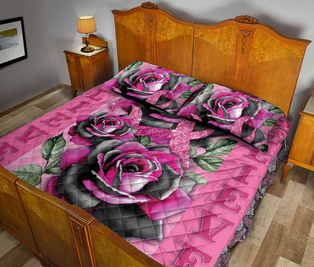 Ohaprints-Quilt-Bed-Set-Pillowcase-Breast-Cancer-Awareness-Pink-Rose-Floral-Pattern-Get-Well-Soon-Gift-Blanket-Bedspread-Bedding-2543-Queen (80'' x 90'')