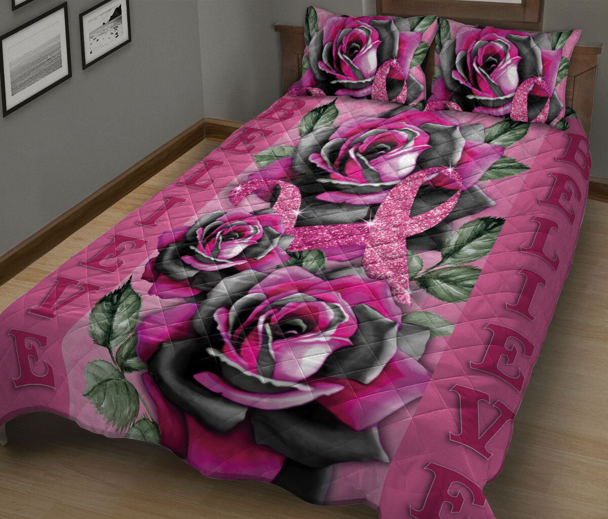 Ohaprints-Quilt-Bed-Set-Pillowcase-Breast-Cancer-Awareness-Pink-Rose-Floral-Pattern-Get-Well-Soon-Gift-Blanket-Bedspread-Bedding-2543-King (90'' x 100'')
