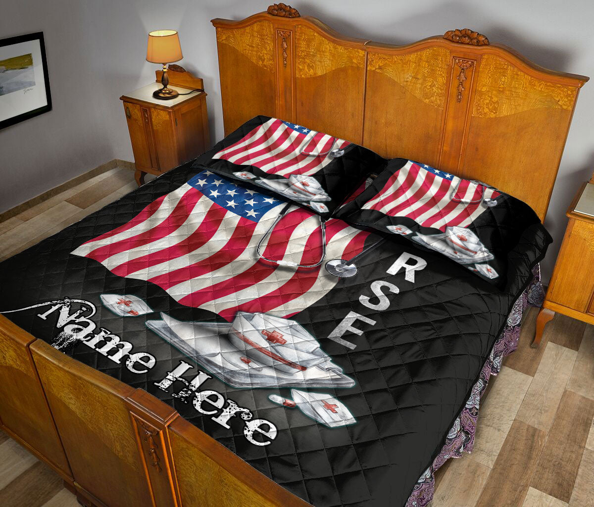 Ohaprints-Quilt-Bed-Set-Pillowcase-Nurse-Scrub-Life-American-Flag-Pattern-Custom-Personalized-Name-Blanket-Bedspread-Bedding-1953-Queen (80'' x 90'')