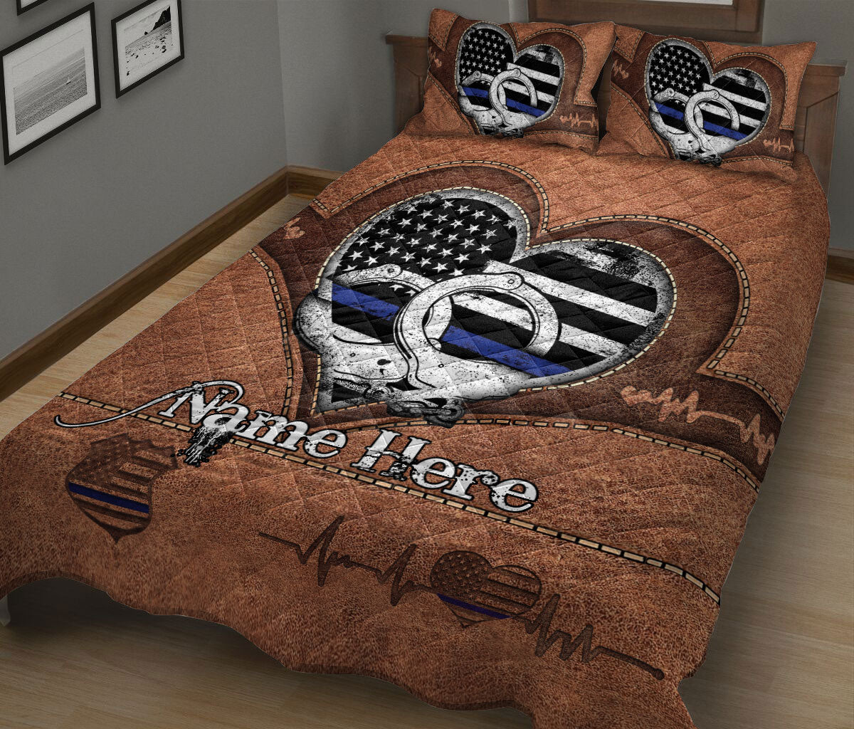 Ohaprints-Quilt-Bed-Set-Pillowcase-Police-Thin-Blue-Line-Flag-Heart-Brown-Pattern-Custom-Personalized-Name-Blanket-Bedspread-Bedding-2544-King (90'' x 100'')