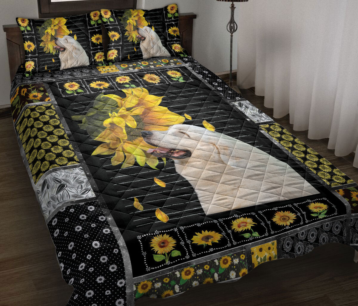 Ohaprints-Quilt-Bed-Set-Pillowcase-Cute-Great-Pyrenees-Gift-For-Dog-Puppy-Lover-Sunflower-Patchwork-Pattern-Black-Blanket-Bedspread-Bedding-1323-Throw (55'' x 60'')