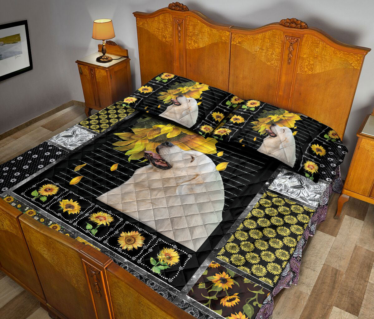 Ohaprints-Quilt-Bed-Set-Pillowcase-Cute-Great-Pyrenees-Gift-For-Dog-Puppy-Lover-Sunflower-Patchwork-Pattern-Black-Blanket-Bedspread-Bedding-1323-Queen (80'' x 90'')