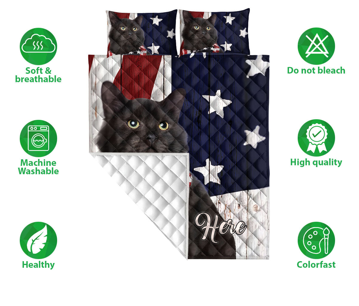 Ohaprints-Quilt-Bed-Set-Pillowcase-Black-Cat-American-Flag-Patriotic-Gift-For-Cat-Lover-Custom-Personalized-Name-Blanket-Bedspread-Bedding-1376-Double (70'' x 80'')