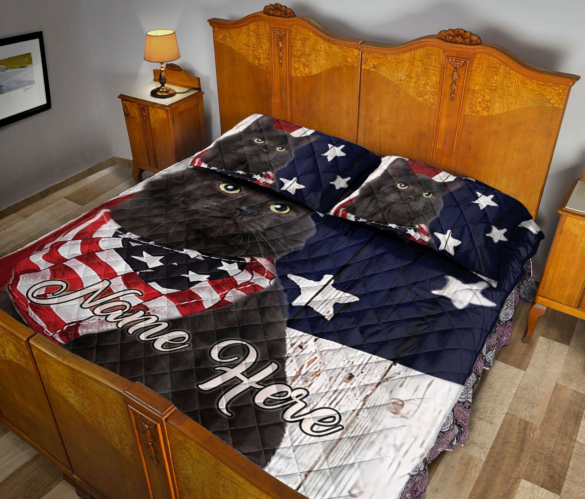 Ohaprints-Quilt-Bed-Set-Pillowcase-Black-Cat-American-Flag-Patriotic-Gift-For-Cat-Lover-Custom-Personalized-Name-Blanket-Bedspread-Bedding-1376-Queen (80'' x 90'')