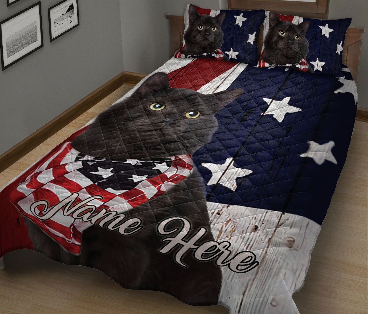 Ohaprints-Quilt-Bed-Set-Pillowcase-Black-Cat-American-Flag-Patriotic-Gift-For-Cat-Lover-Custom-Personalized-Name-Blanket-Bedspread-Bedding-1376-King (90'' x 100'')