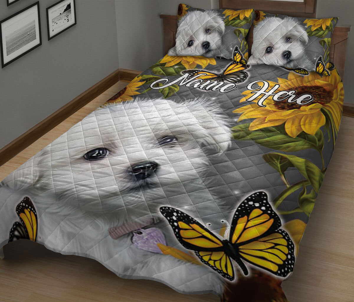 Ohaprints-Quilt-Bed-Set-Pillowcase-White-Shih-Tzu-Shitzu-Dog-Butterfly-Sunflower-Floral-Custom-Personalized-Name-Blanket-Bedspread-Bedding-135-King (90'' x 100'')