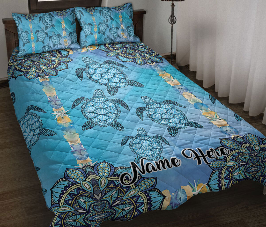 Ohaprints-Quilt-Bed-Set-Pillowcase-Sea-Turtle-Blue-Mandala-Flower-Floral-Pattern-Custom-Personalized-Name-Blanket-Bedspread-Bedding-2556-Throw (55'' x 60'')