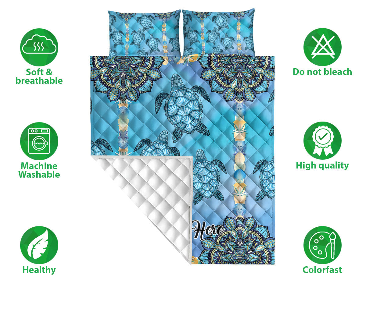 Ohaprints-Quilt-Bed-Set-Pillowcase-Sea-Turtle-Blue-Mandala-Flower-Floral-Pattern-Custom-Personalized-Name-Blanket-Bedspread-Bedding-2556-Double (70'' x 80'')