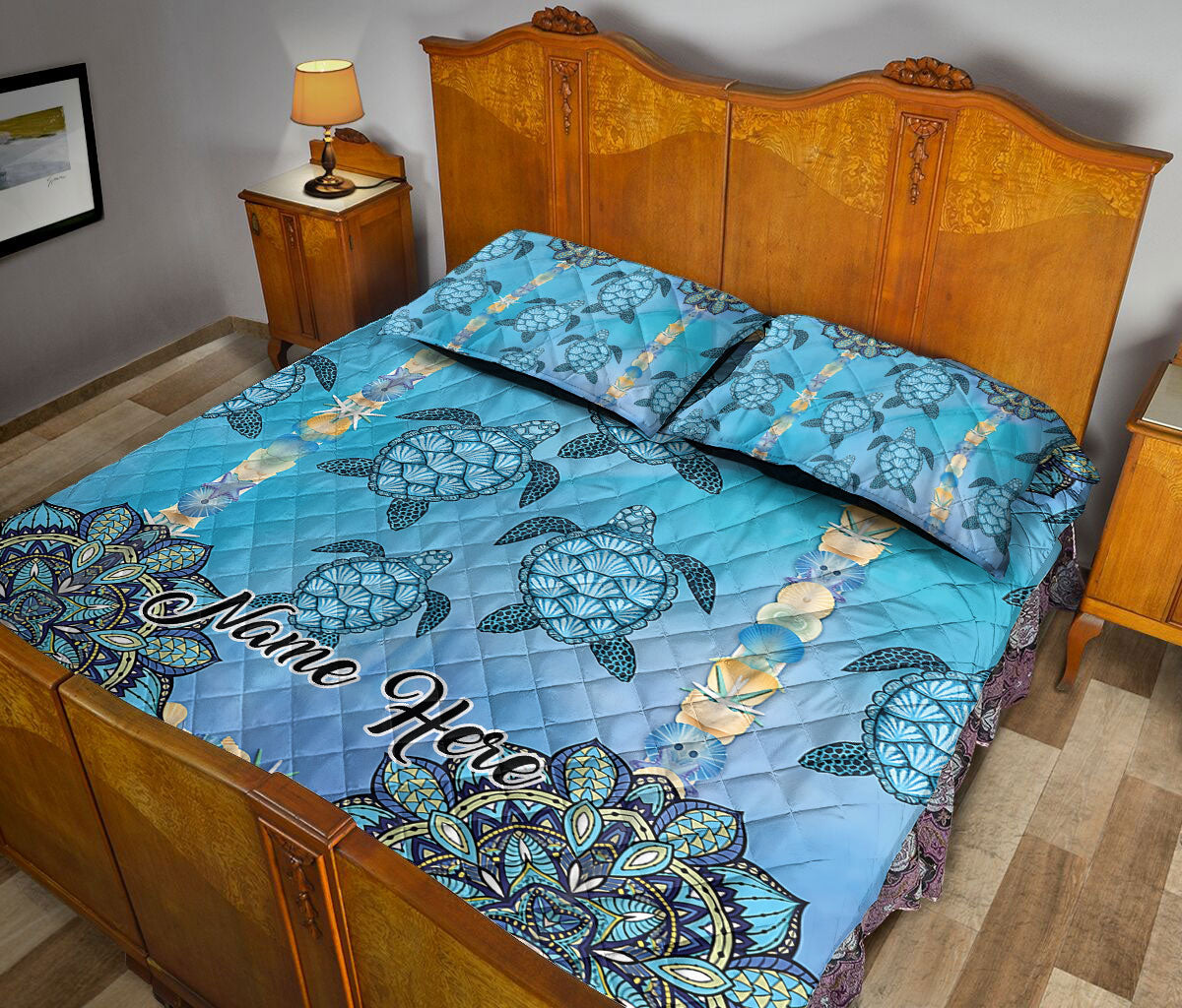 Ohaprints-Quilt-Bed-Set-Pillowcase-Sea-Turtle-Blue-Mandala-Flower-Floral-Pattern-Custom-Personalized-Name-Blanket-Bedspread-Bedding-2556-Queen (80'' x 90'')