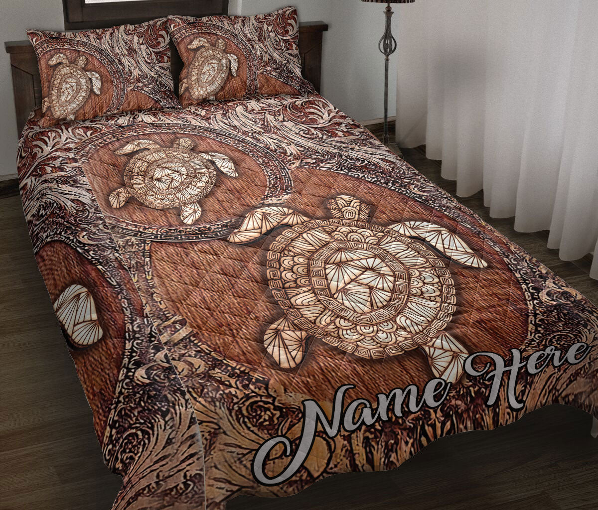 Ohaprints-Quilt-Bed-Set-Pillowcase-Turtle-Brown-Floral-Pattern-Gift-For-Turtle-Lover-Custom-Personalized-Name-Blanket-Bedspread-Bedding-797-Throw (55'' x 60'')