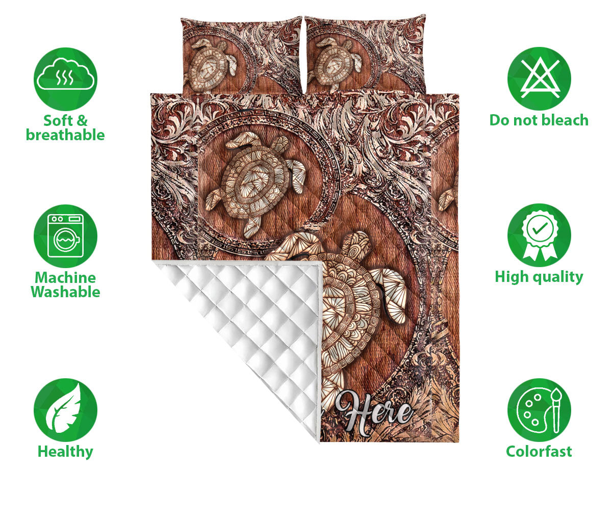 Ohaprints-Quilt-Bed-Set-Pillowcase-Turtle-Brown-Floral-Pattern-Gift-For-Turtle-Lover-Custom-Personalized-Name-Blanket-Bedspread-Bedding-797-Double (70'' x 80'')