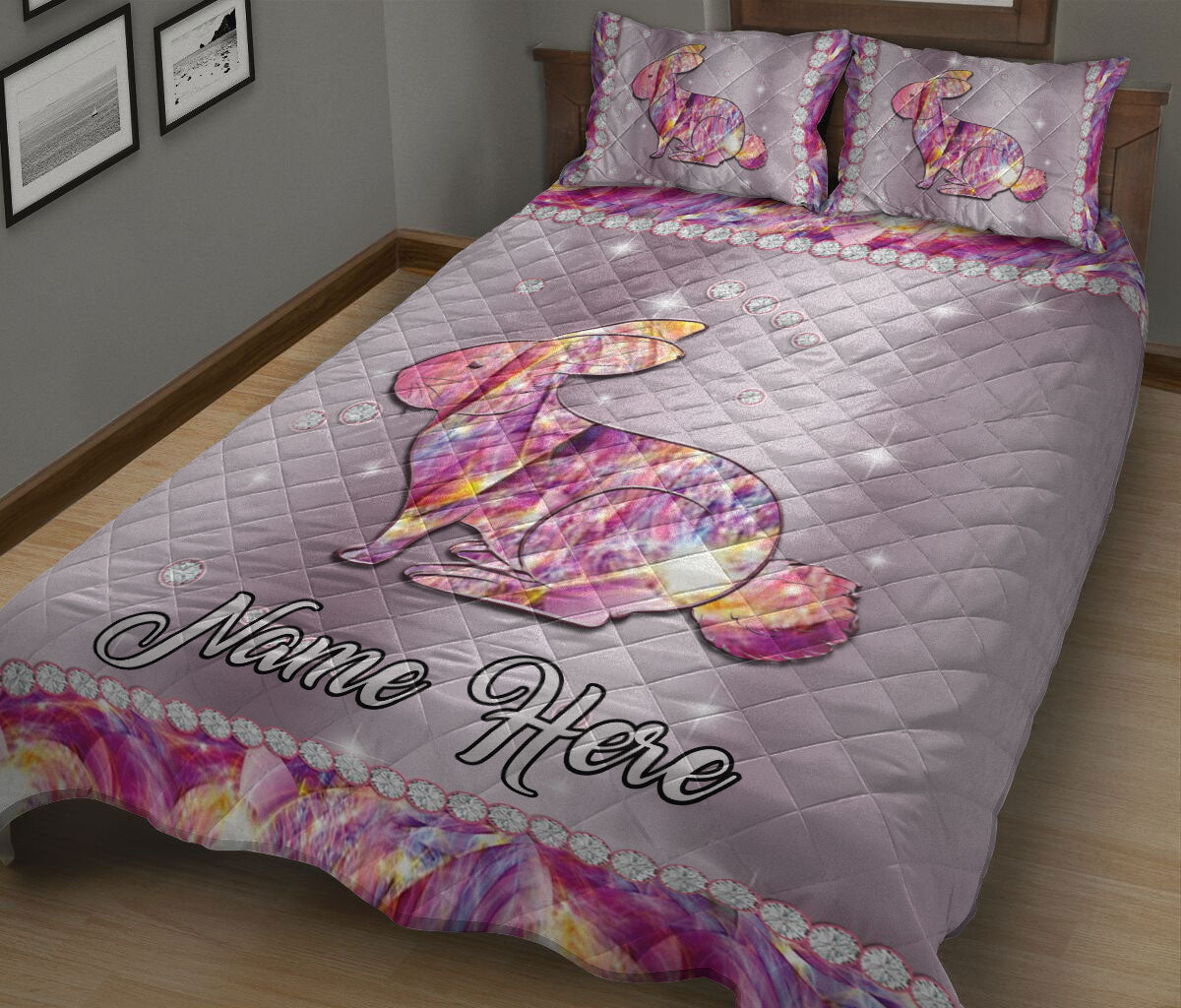 Ohaprints-Quilt-Bed-Set-Pillowcase-Cute-Pink-Rabbit-Bunny-Flower-Floral-Gift-For-Animal-Custom-Personalized-Name-Blanket-Bedspread-Bedding-1863-King (90'' x 100'')