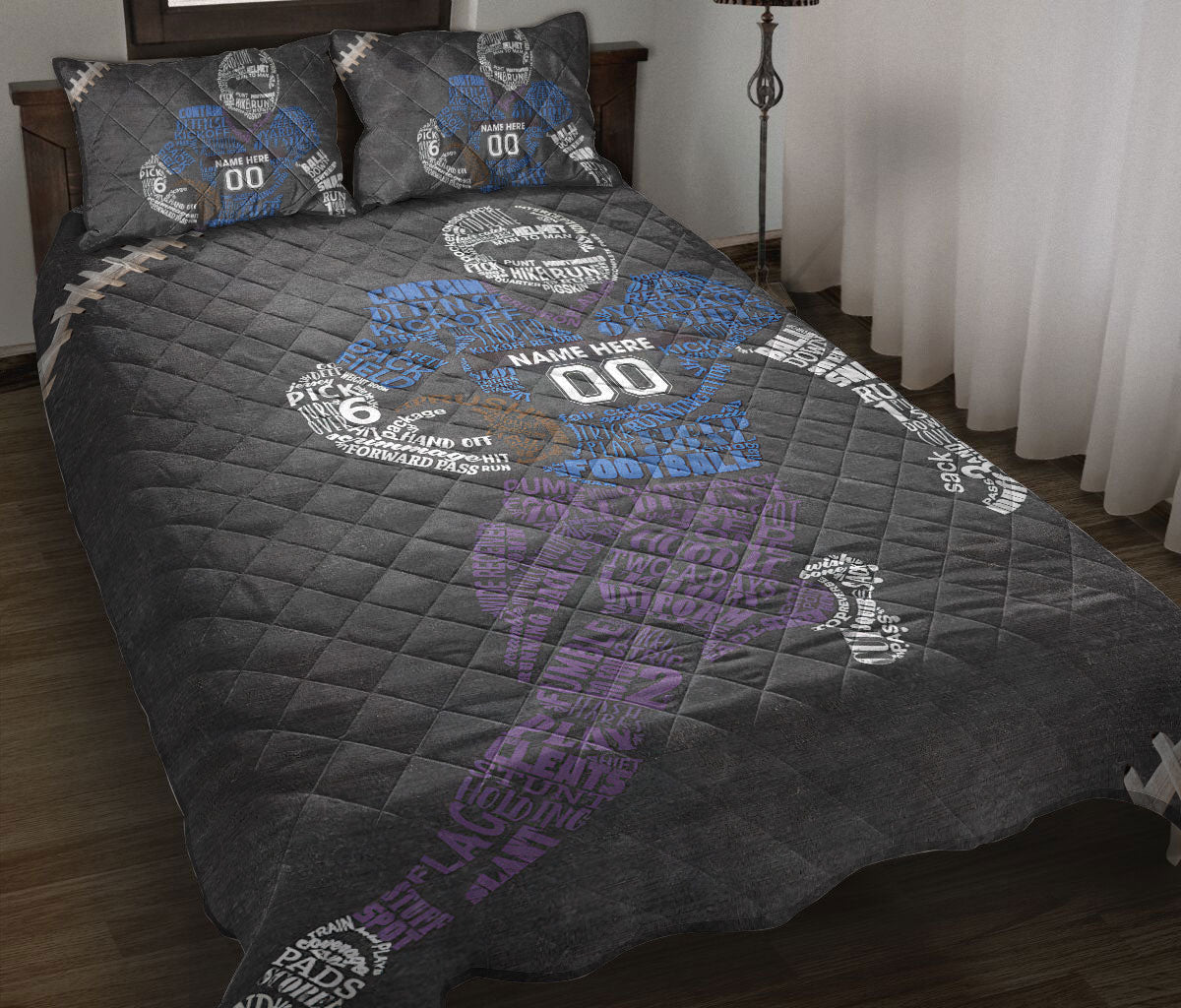 Ohaprints-Quilt-Bed-Set-Pillowcase-Football-Player-For-Sport-Lover-Blue-Grey-Custom-Personalized-Name-Number-Blanket-Bedspread-Bedding-2268-Throw (55'' x 60'')