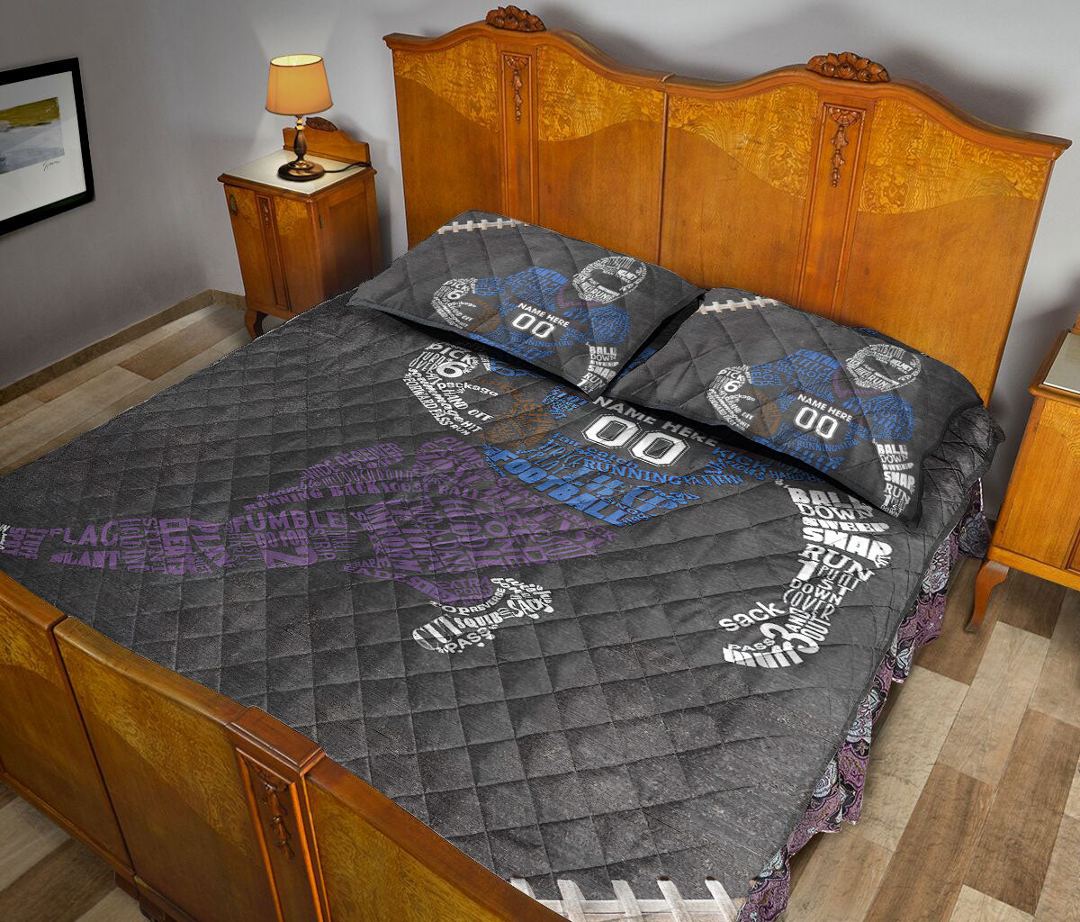 Ohaprints-Quilt-Bed-Set-Pillowcase-Football-Player-For-Sport-Lover-Blue-Grey-Custom-Personalized-Name-Number-Blanket-Bedspread-Bedding-2268-King (90'' x 100'')