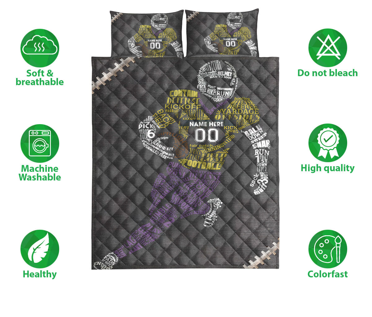 Ohaprints-Quilt-Bed-Set-Pillowcase-Football-Player-For-Sport-Lover-Yellow-Grey-Custom-Personalized-Name-Number-Blanket-Bedspread-Bedding-2861-Double (70'' x 80'')
