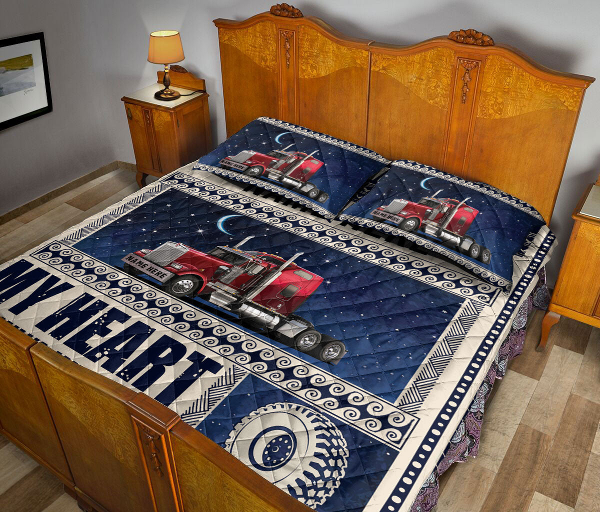 Ohaprints-Quilt-Bed-Set-Pillowcase-Red-Truck-Moon-Night-Gift-For-Trucker-Trucker-Driver-Custom-Personalized-Name-Blanket-Bedspread-Bedding-1100-King (90'' x 100'')