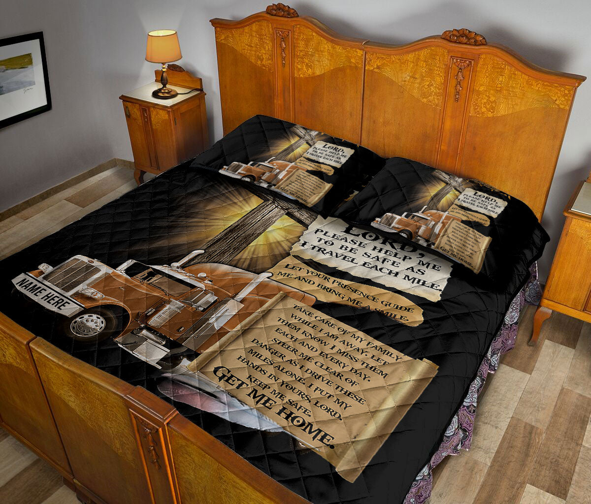 Ohaprints-Quilt-Bed-Set-Pillowcase-Trucker'S-Prayer-Brown-Truck-Gift-For-Truck-Driver-Custom-Personalized-Name-Blanket-Bedspread-Bedding-1683-King (90'' x 100'')