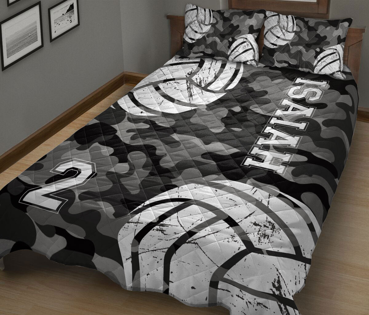 Ohaprints-Quilt-Bed-Set-Pillowcase-Volleyball-Ball-Black-Camo-Pattern-Sports-Gift-Custom-Personalized-Name-Number-Blanket-Bedspread-Bedding-786-King (90'' x 100'')