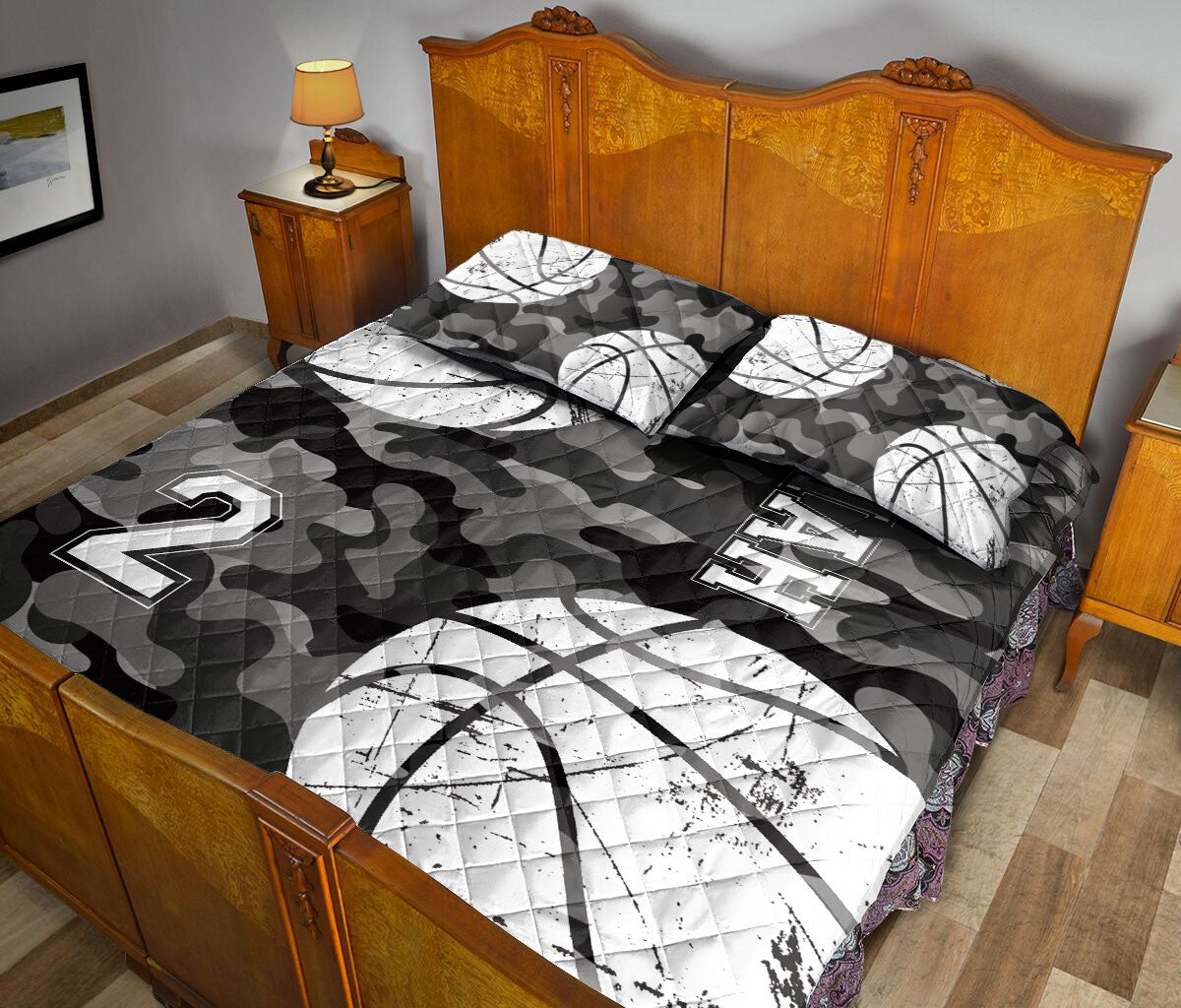 Ohaprints-Quilt-Bed-Set-Pillowcase-Basketball-Ball-Black-Camo-Pattern-Sports-Gift-Custom-Personalized-Name-Number-Blanket-Bedspread-Bedding-1815-Queen (80'' x 90'')