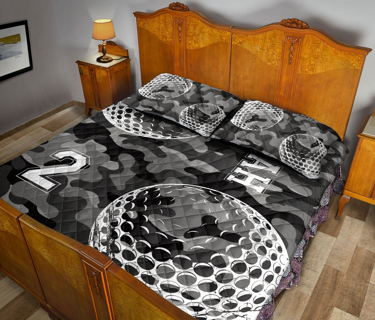 Ohaprints-Quilt-Bed-Set-Pillowcase-Golf-Black-Camo-Pattern-Sports-Fan-Gift-Custom-Personalized-Name-Number-Blanket-Bedspread-Bedding-154-Queen (80'' x 90'')