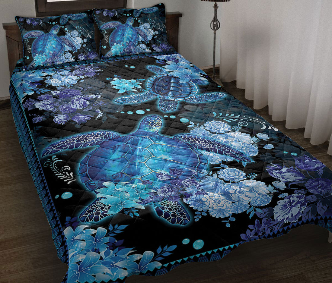 Ohaprints-Quilt-Bed-Set-Pillowcase-Sea-Turtle-&-Flower-Blue-Floral-Pattern-Animal-Love-Unique-Gift-Blanket-Bedspread-Bedding-1222-Throw (55'' x 60'')