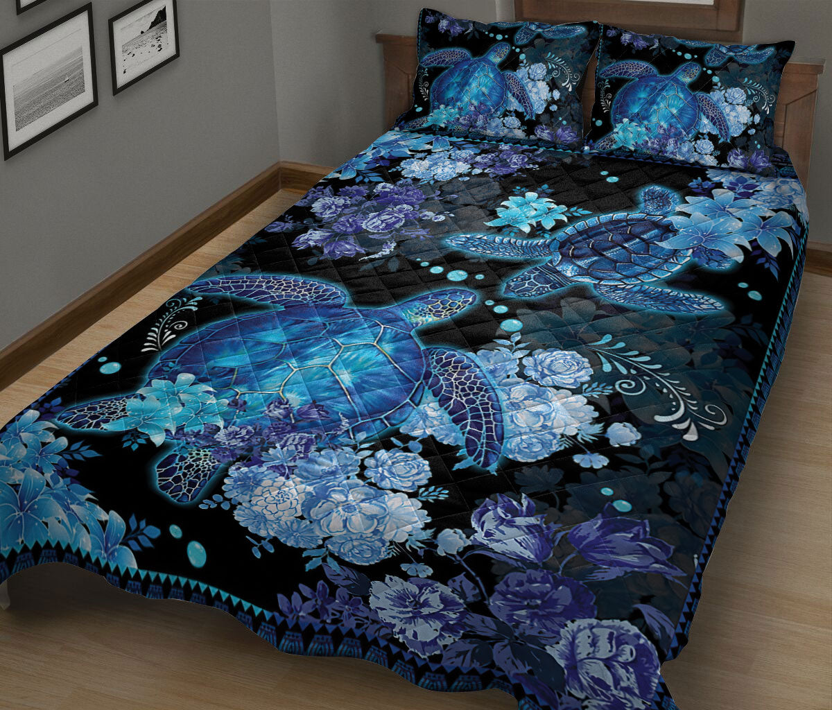 Ohaprints-Quilt-Bed-Set-Pillowcase-Sea-Turtle-&-Flower-Blue-Floral-Pattern-Animal-Love-Unique-Gift-Blanket-Bedspread-Bedding-1222-King (90'' x 100'')