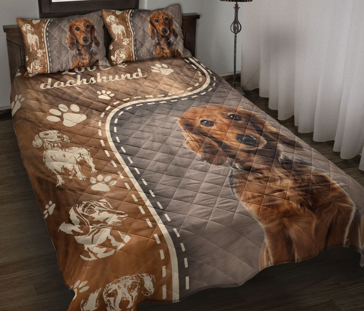 Ohaprints-Quilt-Bed-Set-Pillowcase-Love-Dachshund-Weiner-Doxie-Dog-Brown-Pattern-Dog-Lover-Gift-Blanket-Bedspread-Bedding-676-Throw (55'' x 60'')