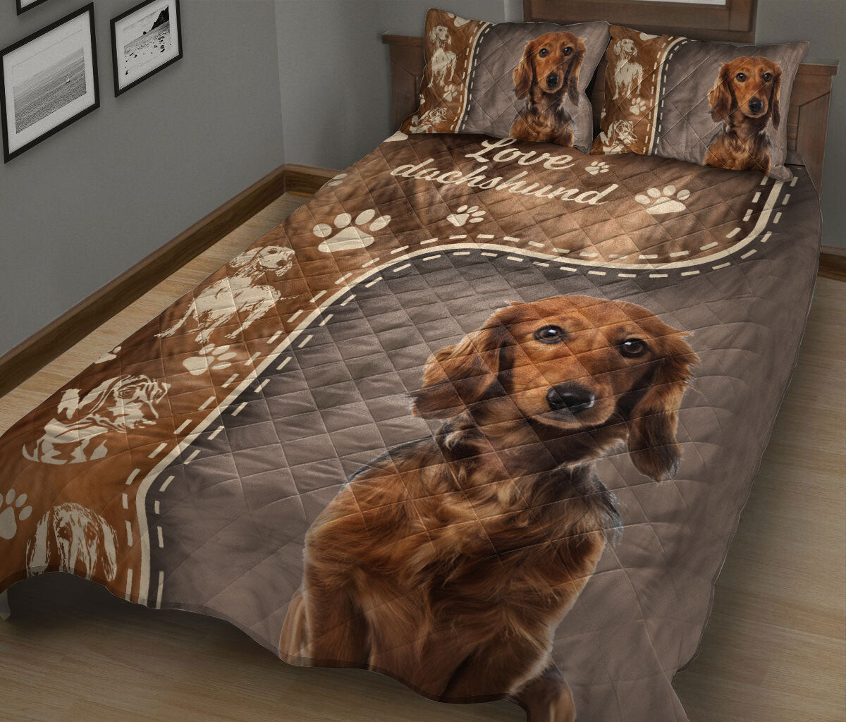 Ohaprints-Quilt-Bed-Set-Pillowcase-Love-Dachshund-Weiner-Doxie-Dog-Brown-Pattern-Dog-Lover-Gift-Blanket-Bedspread-Bedding-676-King (90'' x 100'')