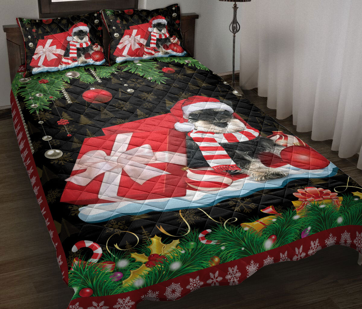 Ohaprints-Quilt-Bed-Set-Pillowcase-Miniature-Schnauzer-Dog-Merry-Christmas-Pattern-Dog-Lover-Gift-Blanket-Bedspread-Bedding-2546-Throw (55'' x 60'')