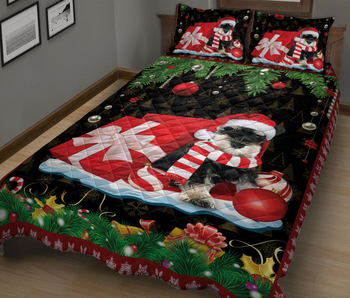 Ohaprints-Quilt-Bed-Set-Pillowcase-Miniature-Schnauzer-Dog-Merry-Christmas-Pattern-Dog-Lover-Gift-Blanket-Bedspread-Bedding-2546-King (90'' x 100'')