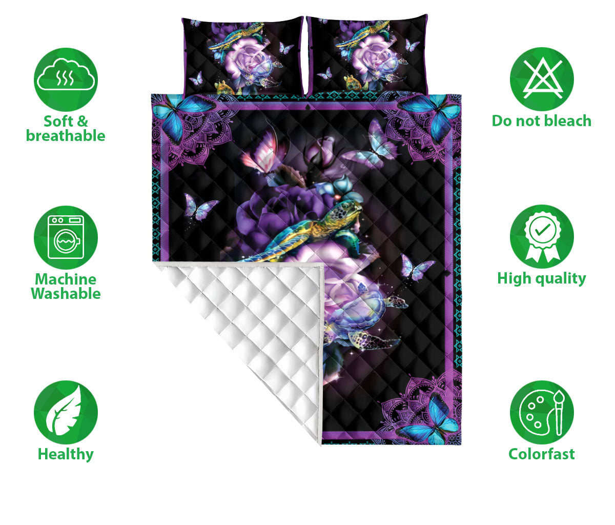 Ohaprints-Quilt-Bed-Set-Pillowcase-Turtle-&-Purple-Flower-Floral-Pattern-Animal-Lover-Unique-Gift-Blanket-Bedspread-Bedding-2467-Double (70'' x 80'')