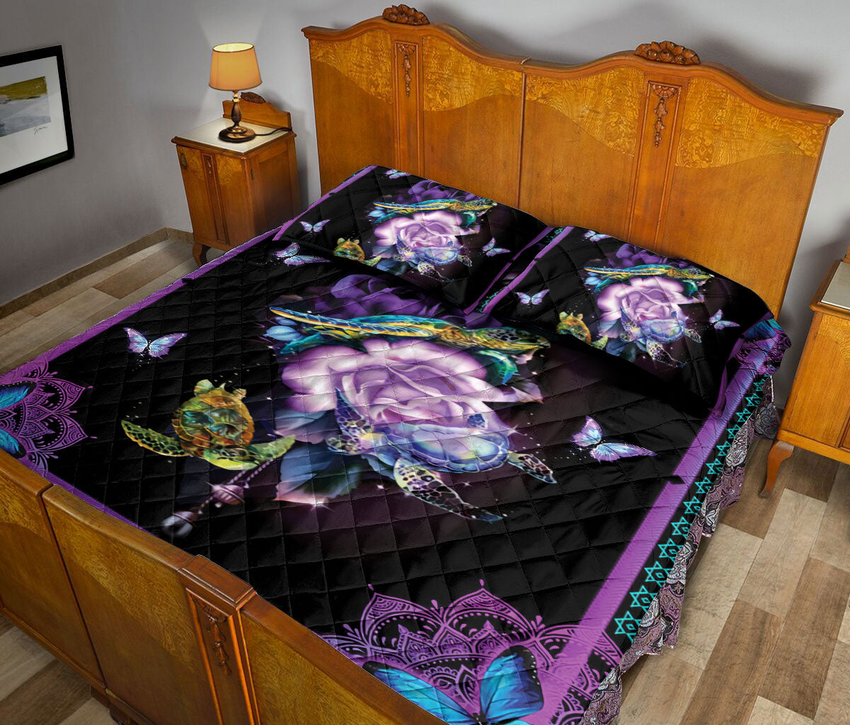 Ohaprints-Quilt-Bed-Set-Pillowcase-Turtle-&-Purple-Flower-Floral-Pattern-Animal-Lover-Unique-Gift-Blanket-Bedspread-Bedding-2467-Queen (80'' x 90'')