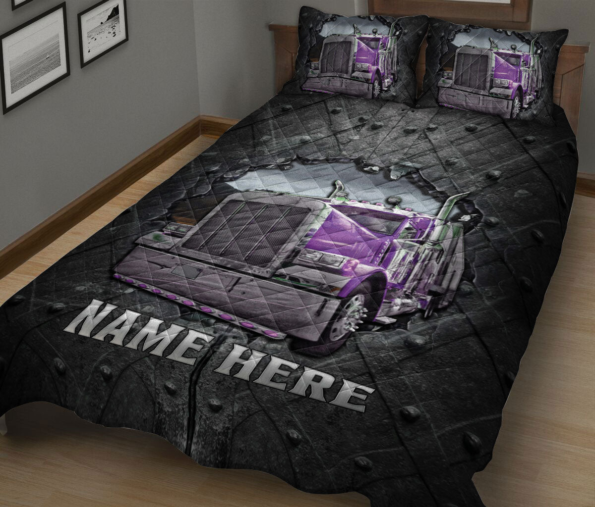 Ohaprints-Quilt-Bed-Set-Pillowcase-Purple-Truck-Crack-Pattern-Trucker-Gift-Custom-Personalized-Name-Blanket-Bedspread-Bedding-3010-King (90'' x 100'')