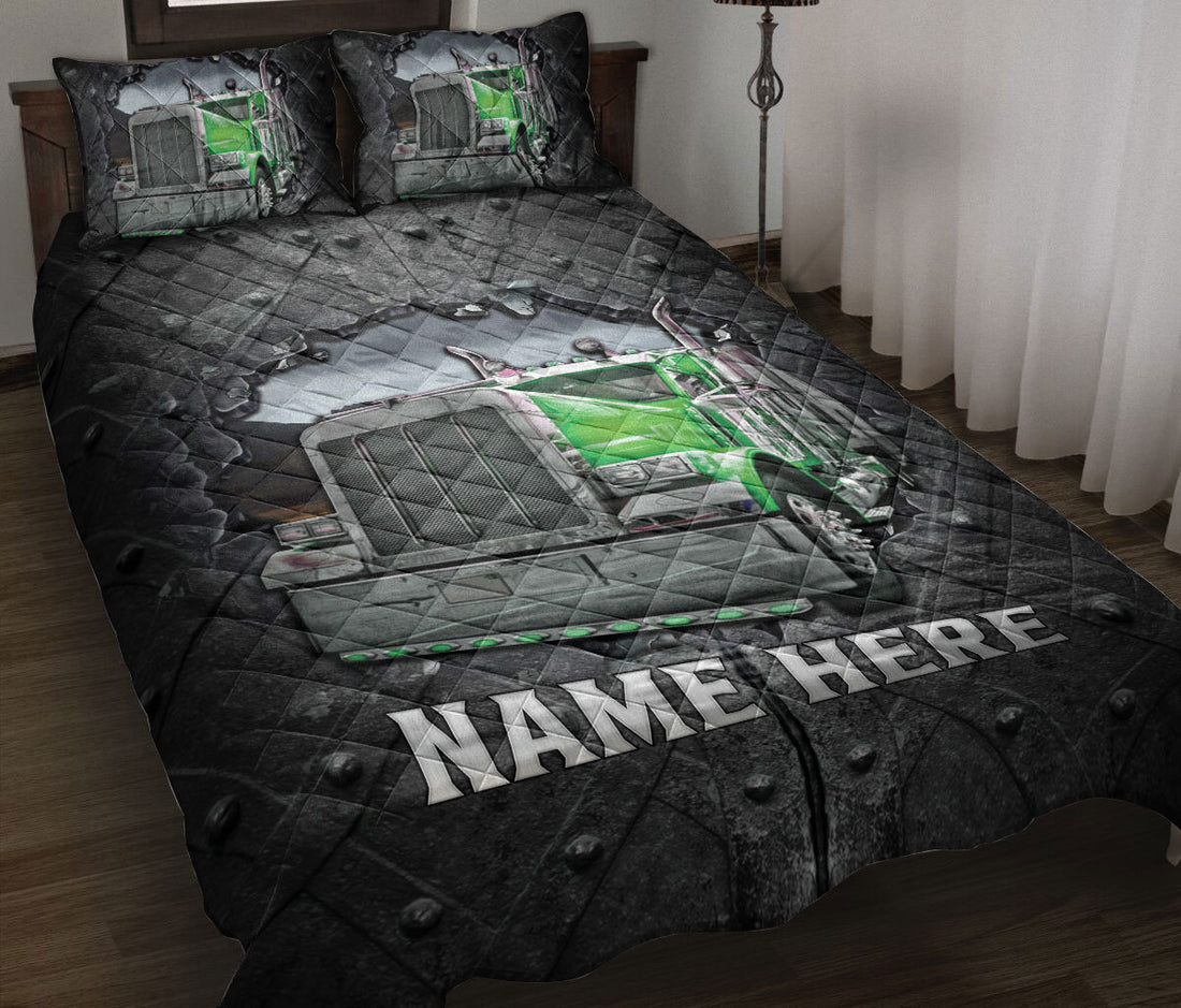 Ohaprints-Quilt-Bed-Set-Pillowcase-Green-Truck-Crack-Pattern-Trucker-Gift-Custom-Personalized-Name-Blanket-Bedspread-Bedding-3027-Throw (55'' x 60'')