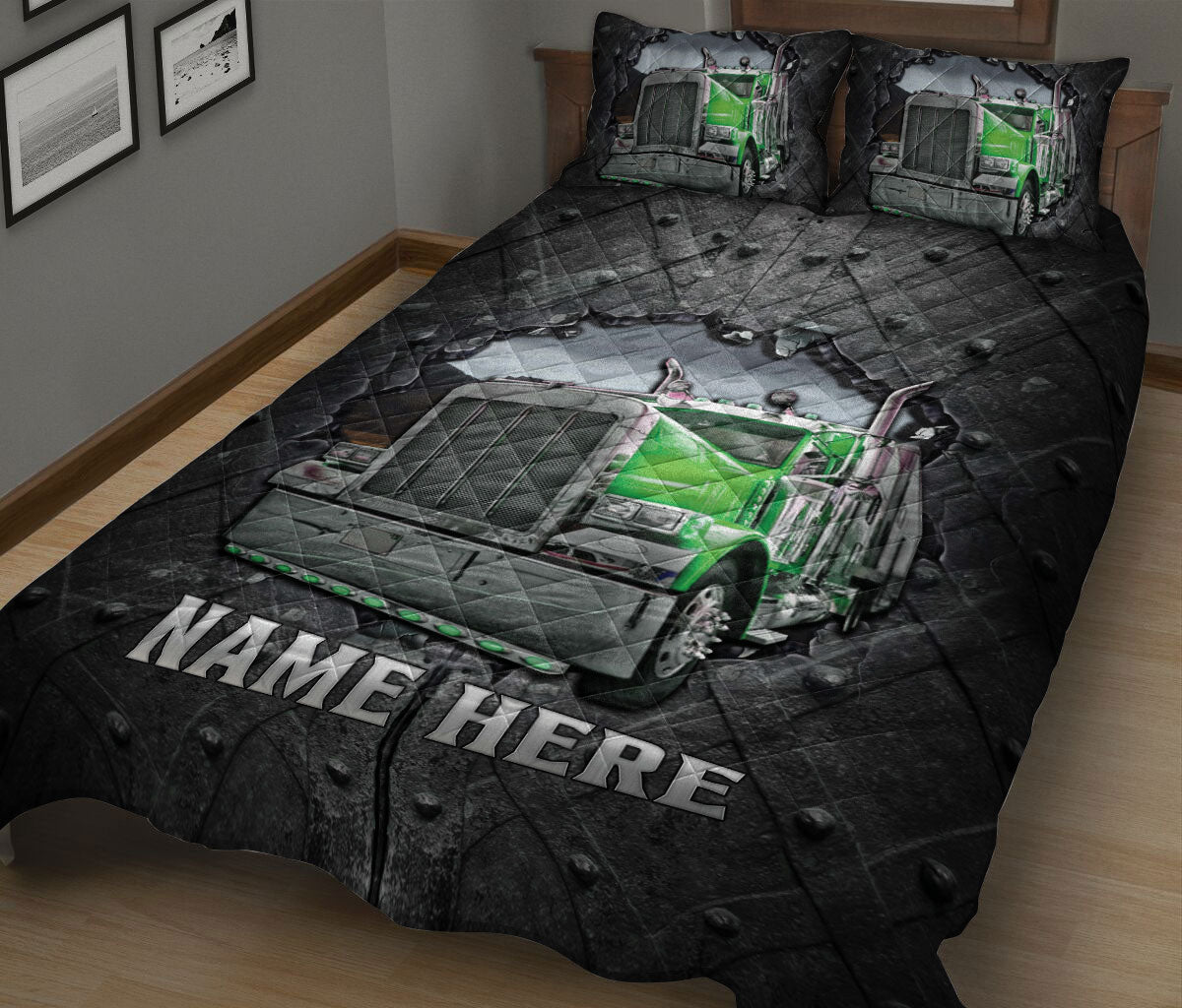 Ohaprints-Quilt-Bed-Set-Pillowcase-Green-Truck-Crack-Pattern-Trucker-Gift-Custom-Personalized-Name-Blanket-Bedspread-Bedding-3027-King (90'' x 100'')