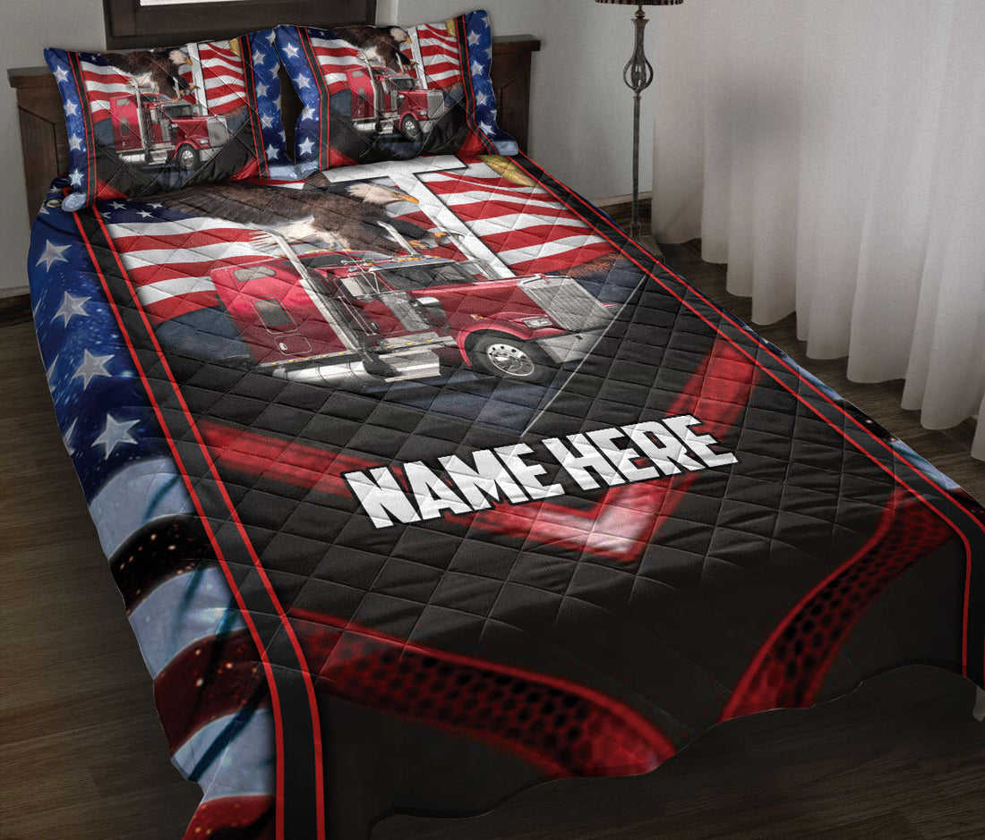 Ohaprints-Quilt-Bed-Set-Pillowcase-Truck-American-Flag-Eagle-Pattern-Trucker-Gift-Custom-Personalized-Name-Blanket-Bedspread-Bedding-139-Throw (55'' x 60'')