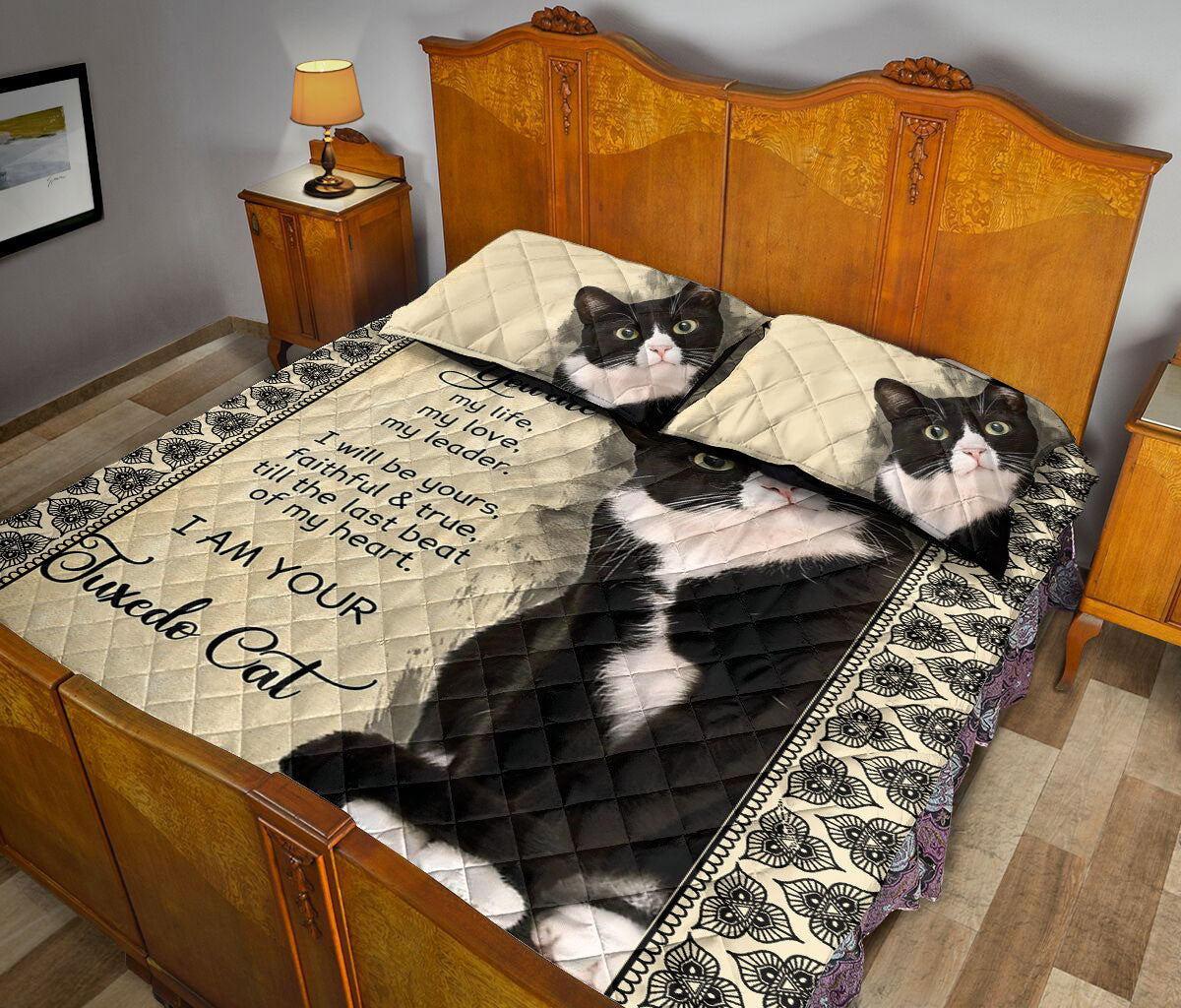 Ohaprints-Quilt-Bed-Set-Pillowcase-Black-&-White-Tuxedo-Cat-I-Am-Your-Friend-Gift-For-Cat-Kitten-Pet-Lover-Beige-Blanket-Bedspread-Bedding-1966-Queen (80'' x 90'')