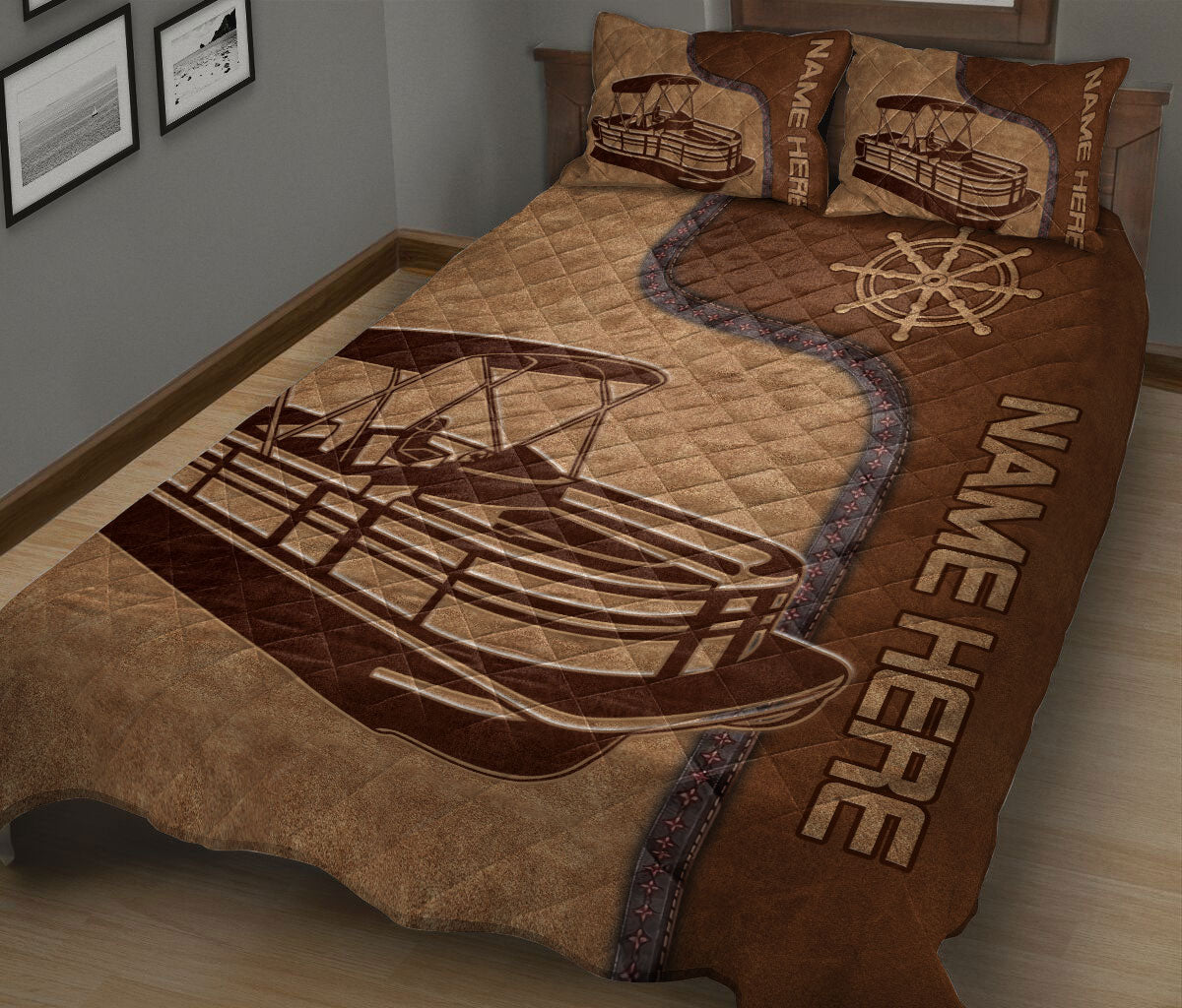 Ohaprints-Quilt-Bed-Set-Pillowcase-Pontoon-Brown-Pattern-Unique-Gift-For-Pontoon-Lover-Custom-Personalized-Name-Blanket-Bedspread-Bedding-2558-King (90'' x 100'')