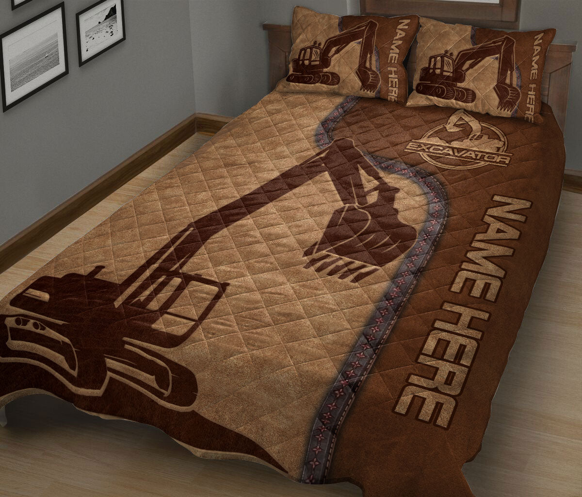 Ohaprints-Quilt-Bed-Set-Pillowcase-Excavator-Brown-Pattern-Unique-Gift-For-Excavator-Custom-Personalized-Name-Blanket-Bedspread-Bedding-1967-King (90'' x 100'')