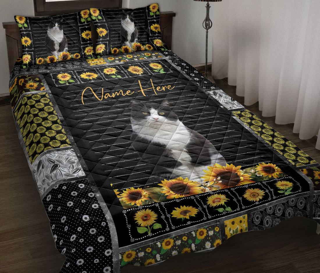 Ohaprints-Quilt-Bed-Set-Pillowcase-Tuxedo-Cat-My-Sunshine-Sunflower-Floral-Patchwork-Custom-Personalized-Name-Blanket-Bedspread-Bedding-1380-Throw (55'' x 60'')