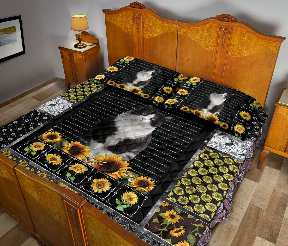 Ohaprints-Quilt-Bed-Set-Pillowcase-Tuxedo-Cat-My-Sunshine-Sunflower-Floral-Patchwork-Custom-Personalized-Name-Blanket-Bedspread-Bedding-1380-Queen (80'' x 90'')